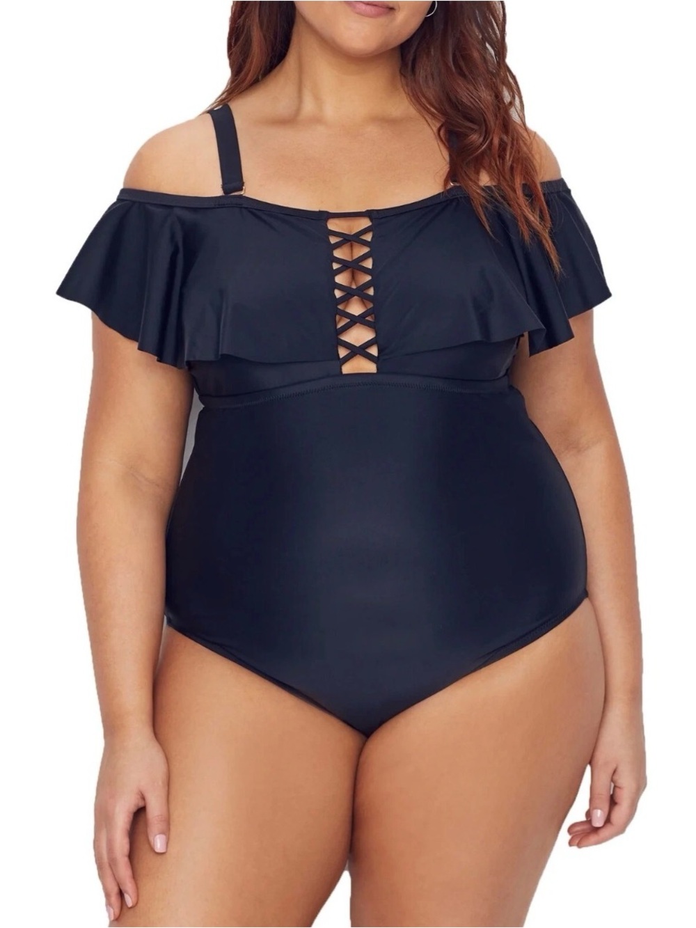 Raisins Curve Marrakesh Solid Caicos One Piece Swimsuit 18W Black Off-Shoulder